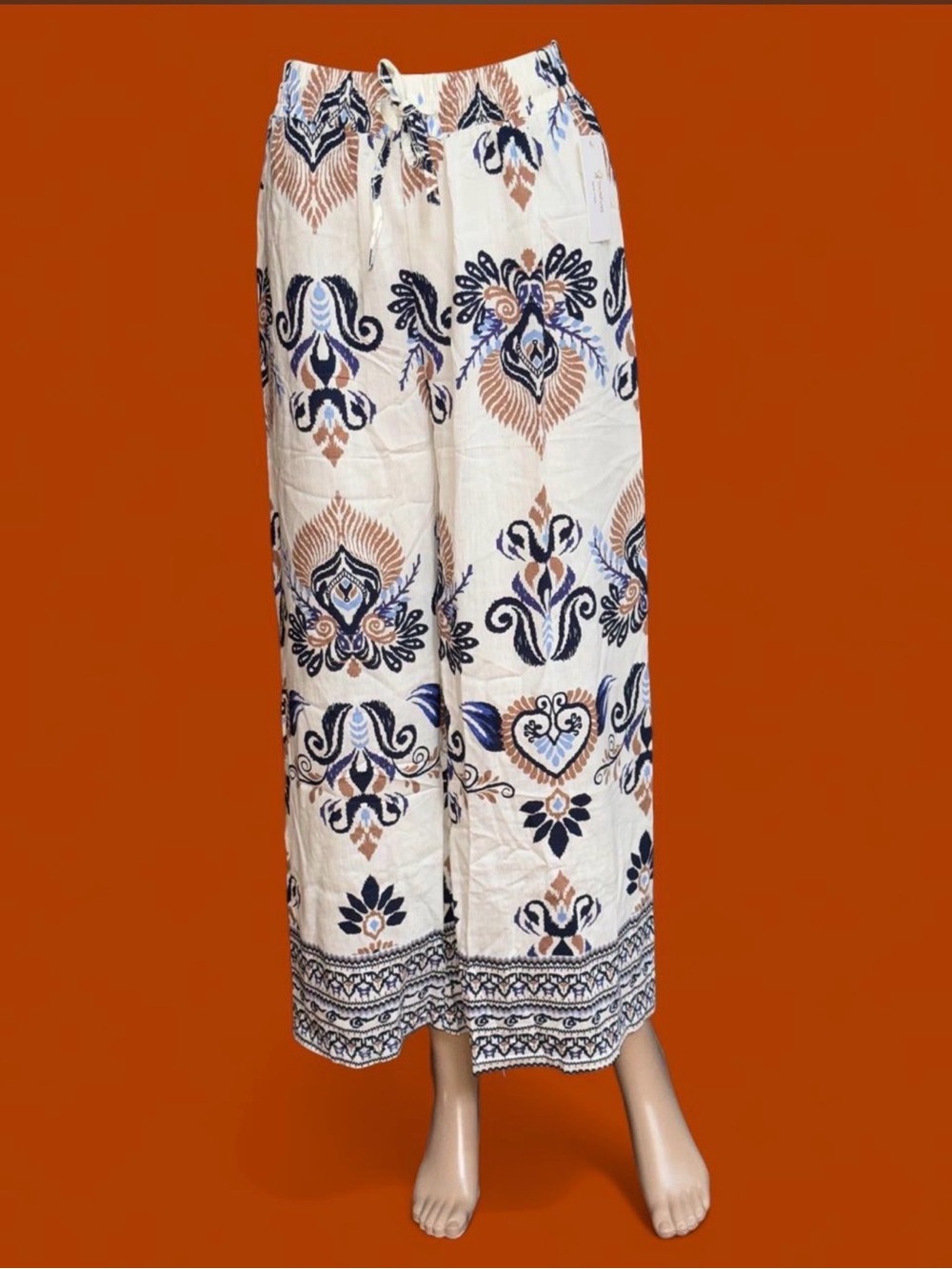 Boho Wide-Leg Printed Palazzo Pants - Navy & Tan on Cream
